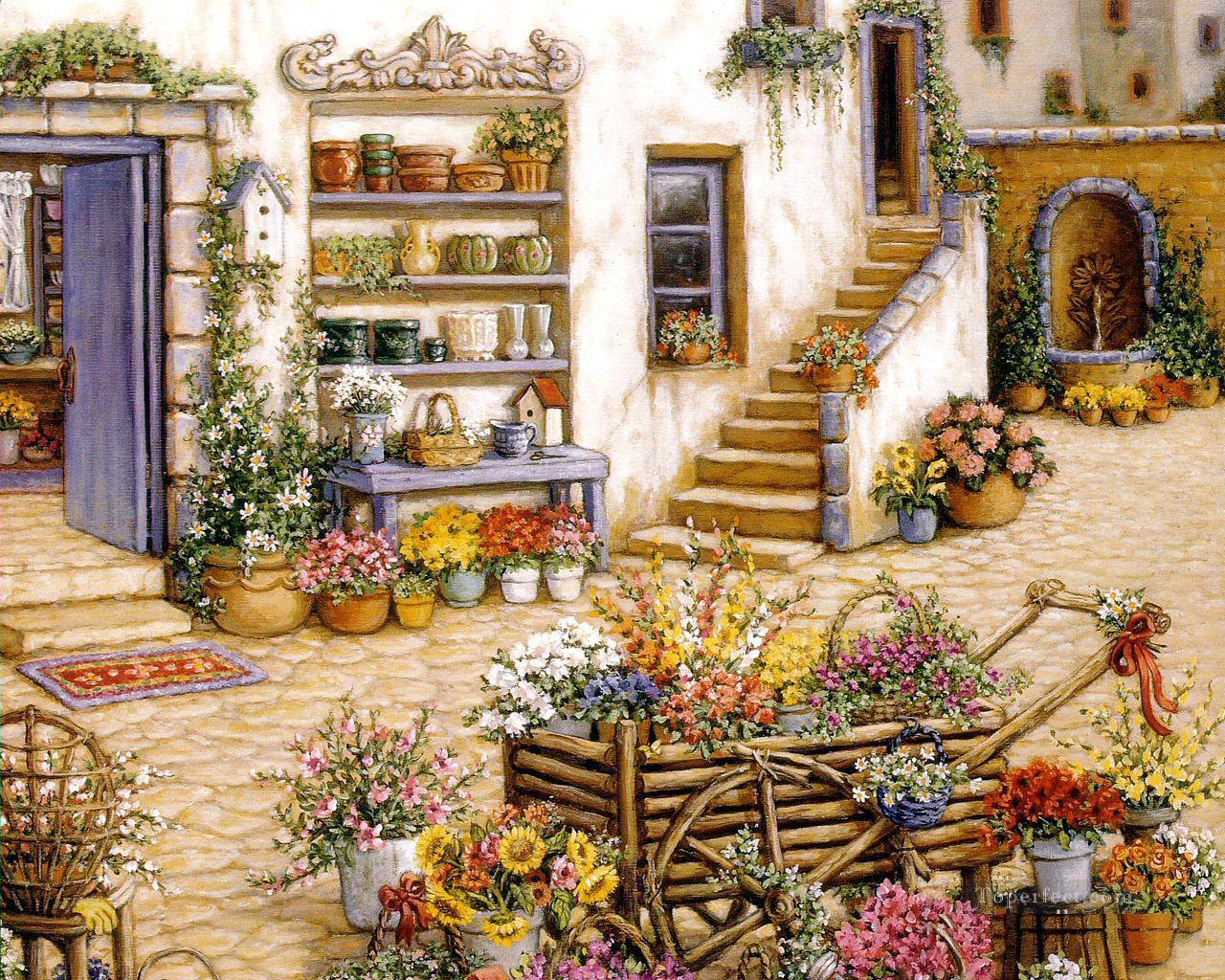 中庭の花屋の庭油絵